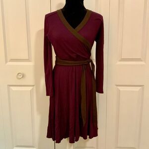 Talbots Purple Brown Belted Faux Wrap Jersey Knit Dress 4 Petite